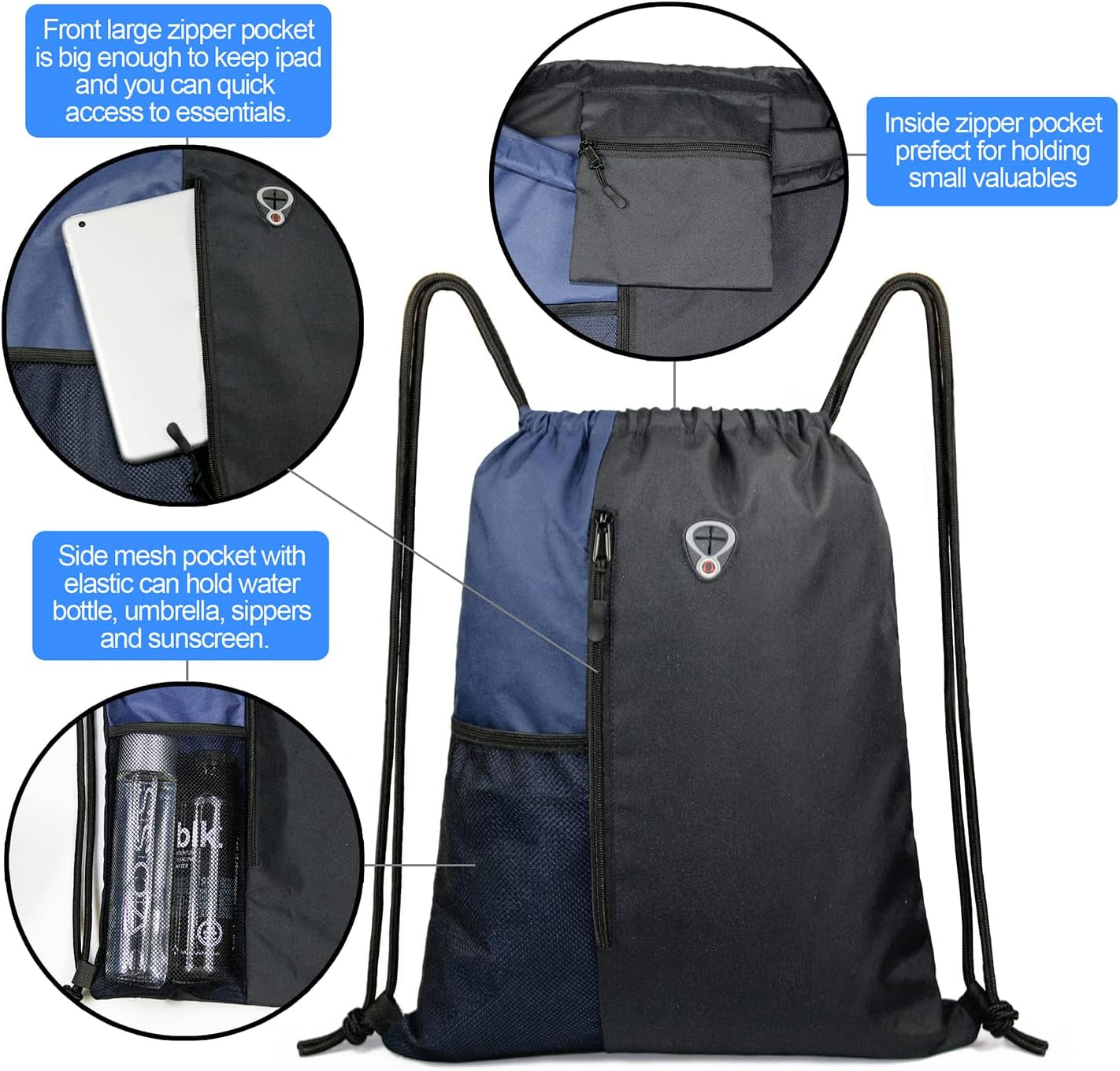 Drawstring Backpack Sports Gym Bag for Women Men Large Cinch Sackpack with 2 Zipper Pockets and Water Bottle Mesh Pockets Black Navy