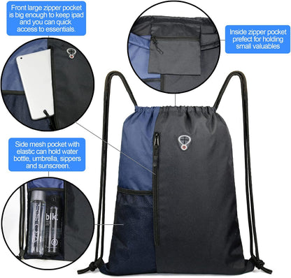 Drawstring Backpack Sports Gym Bag for Women Men Large Cinch Sackpack with 2 Zipper Pockets and Water Bottle Mesh Pockets Black Navy