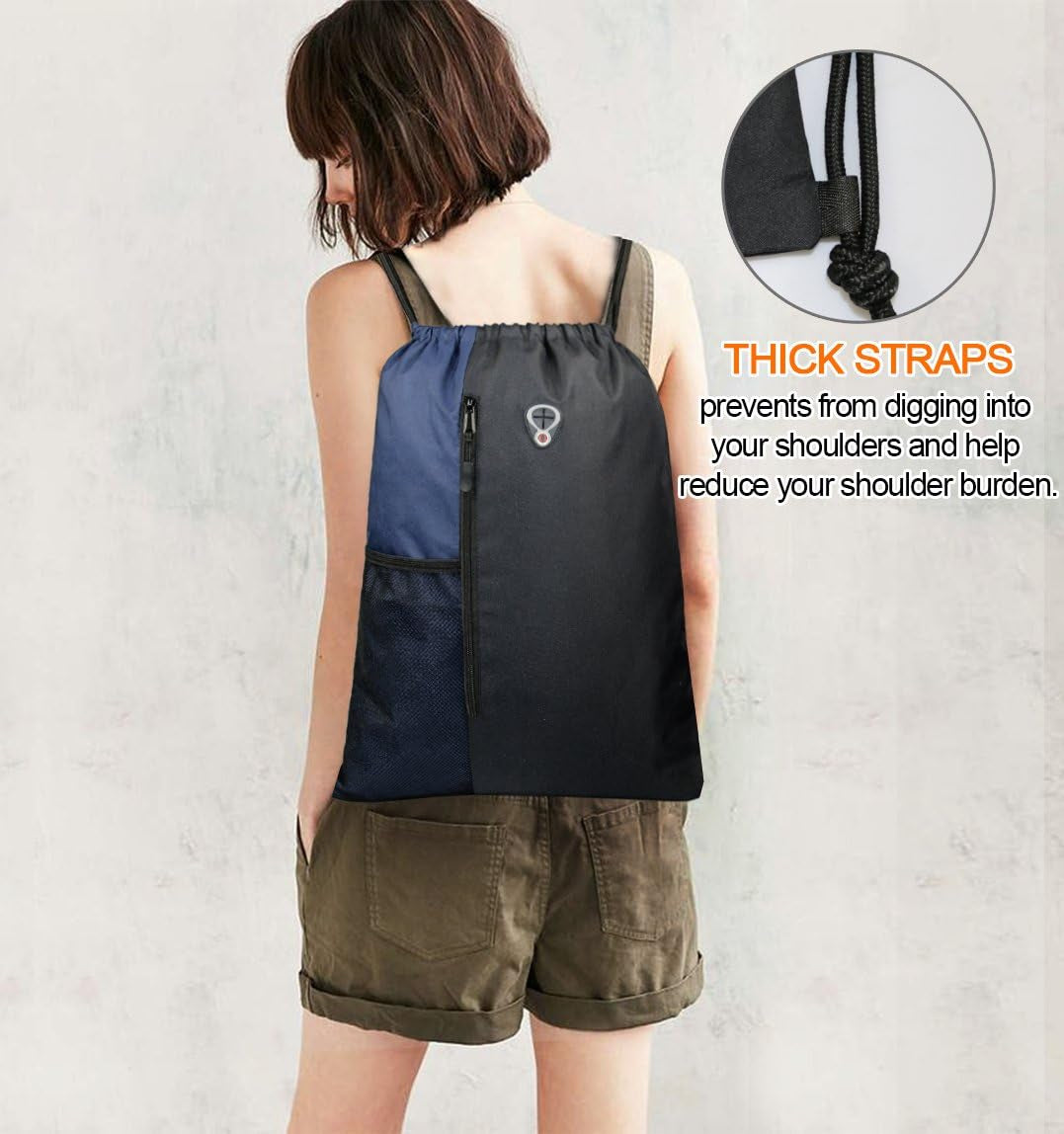 Drawstring Backpack Sports Gym Bag for Women Men Large Cinch Sackpack with 2 Zipper Pockets and Water Bottle Mesh Pockets Black Navy