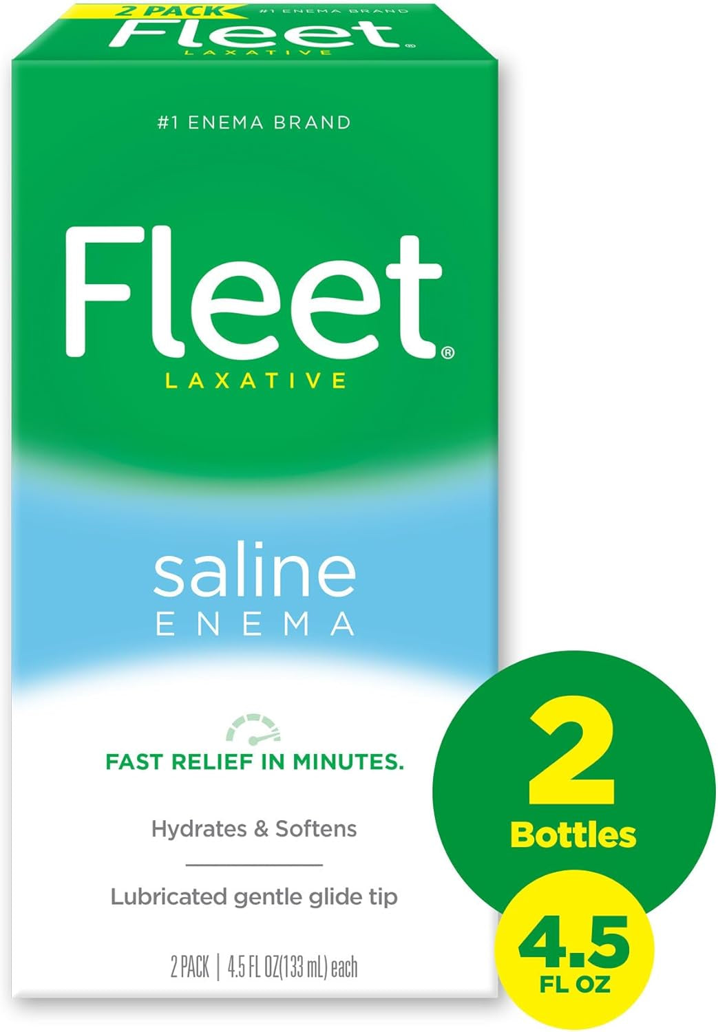 Laxative Saline Enema, Constipation Relief for Adults, Fast-Acting Prefilled Enema Kit, 4.5 Fl Oz, 2 Bottles