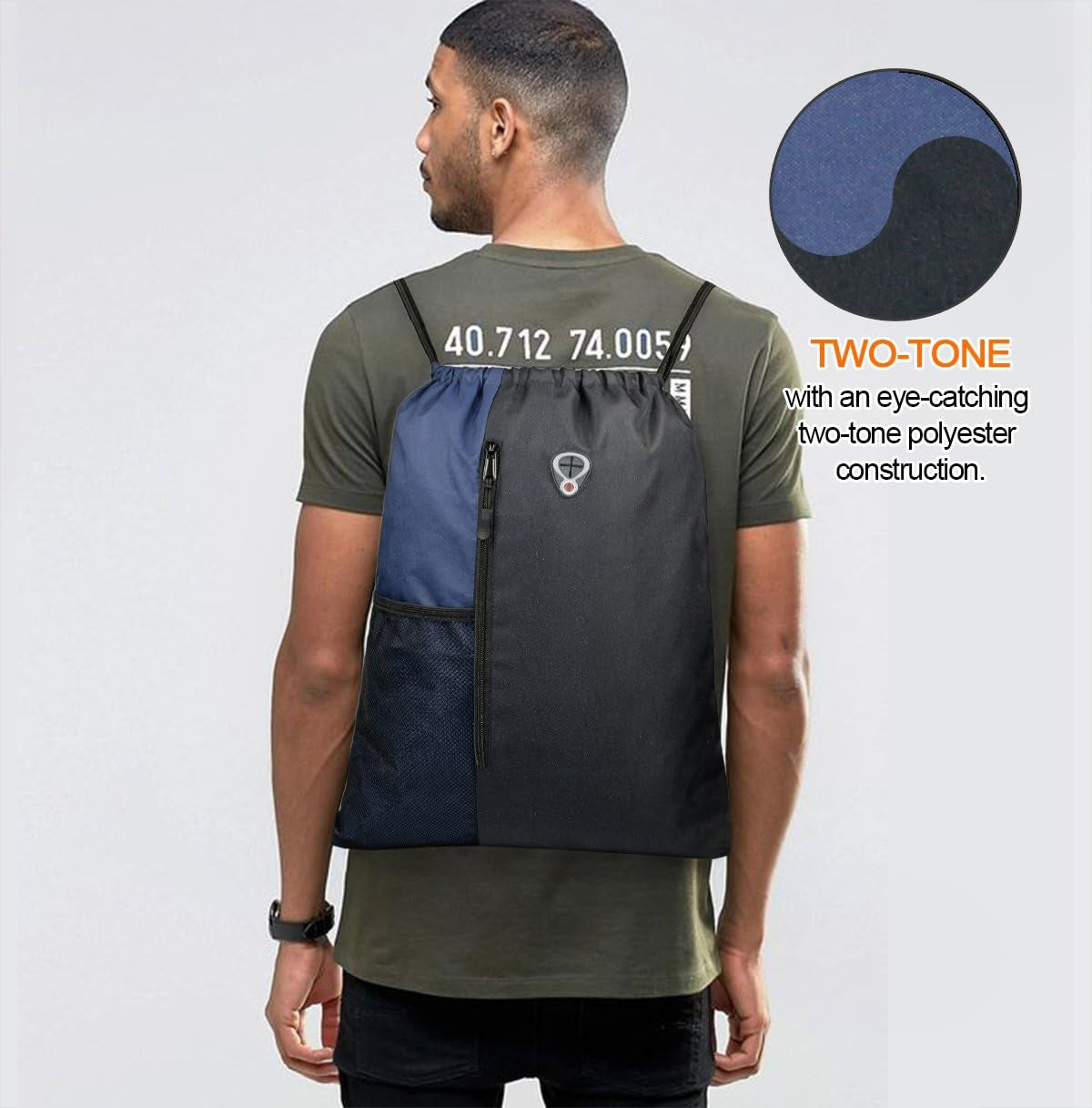 Drawstring Backpack Sports Gym Bag for Women Men Large Cinch Sackpack with 2 Zipper Pockets and Water Bottle Mesh Pockets Black Navy