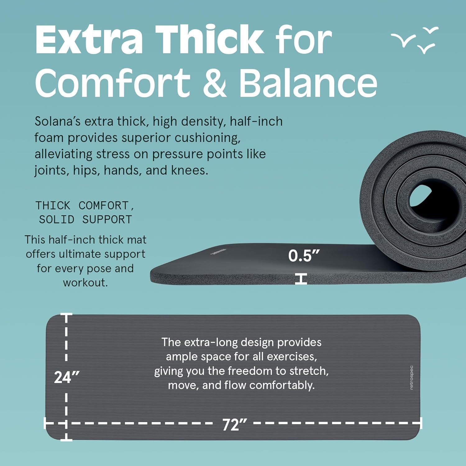 Solana Yoga Mat Thick 1/2In Non-Slip Workout Mat with Nylon Strap - 72X24In Exercise Mat for Pilates, Stretching & Fitness - BPA Free, Easy Clean